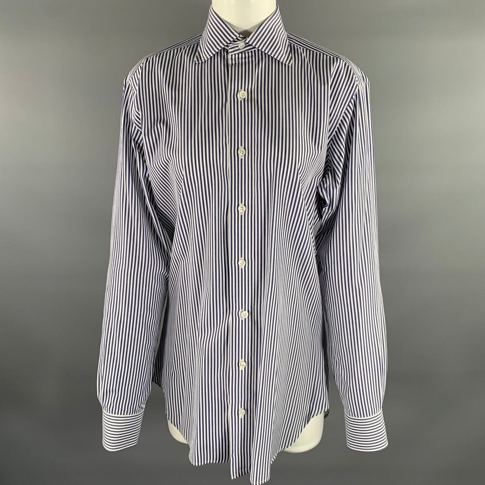 HAMILTON Size S White Navy Stripe Cotton Spread Collar Long Sleeve Shirt